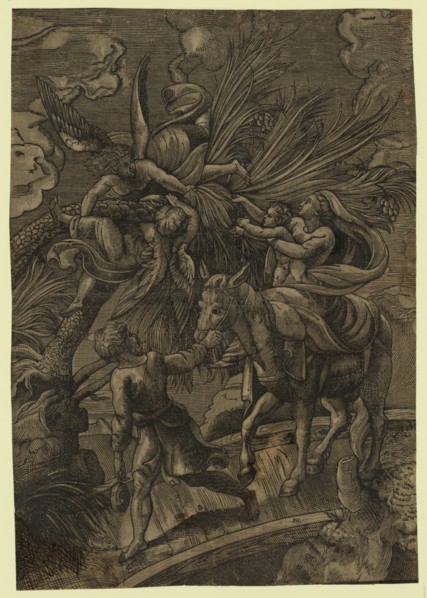 The flight into Egypt, Raphael, 1483, 1520, angels pulling a tree within the reach of the infant