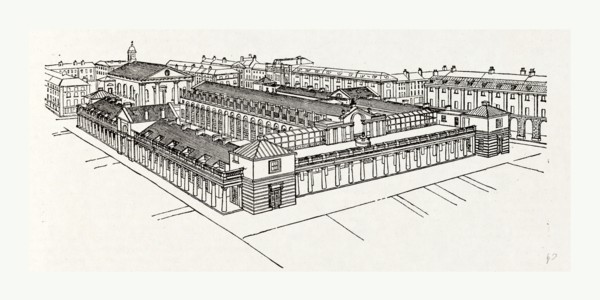 Bird's eye view of Fowler's market from the south-east,England London Covent Garden, Fowler,