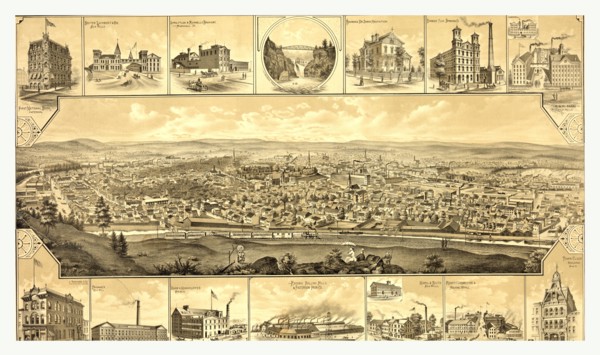 Bird's eye view of Paterson, New Jersey showing railroad in the foreground; vignettes of prominent