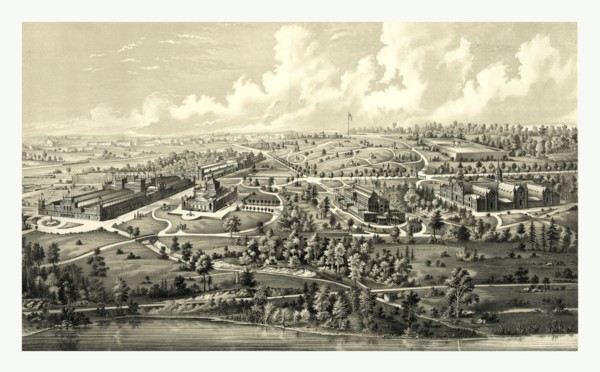 Birds eye view of the international exhibition buildings, Philadelphia, 1876, US, USA, America
