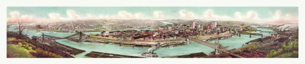 Bird's eye view of the skyline of Pittsburg at the confluence of the Allegheny and Monongahela