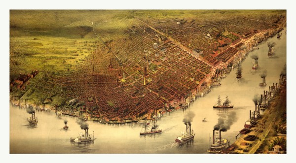 The city of New Orleans, and the Mississippi River Lake Pontchartrain in distance by Currier &