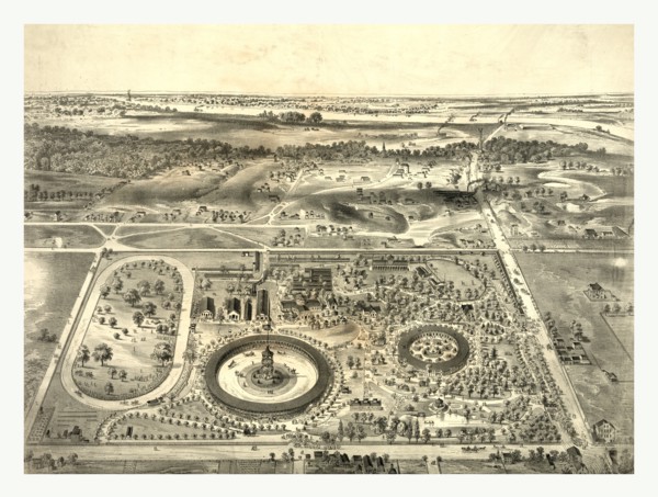 bird's eye view of fairgrounds at the St. Louis fair, circa 1874, US, USA, America
