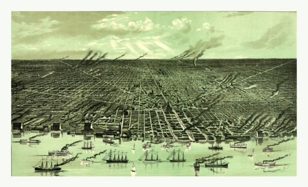 Birds eye view showing about three miles square of the central portion of the city of Detroit,