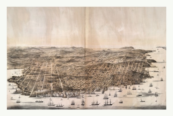 Bird's-eye view of San Francisco, California from above the bay looking west by Charles B Gifford,