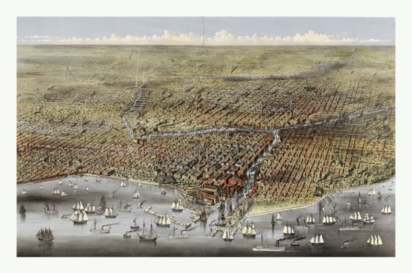 Bird's eye view of Chicago, Illinois from above Lake Michigan by Currier & Ives circa 1874, US,