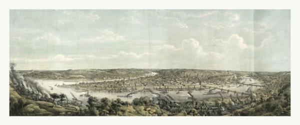 Bird's eye view of Pittsburgh at the confluence of the Monongahela, in the foreground, and the