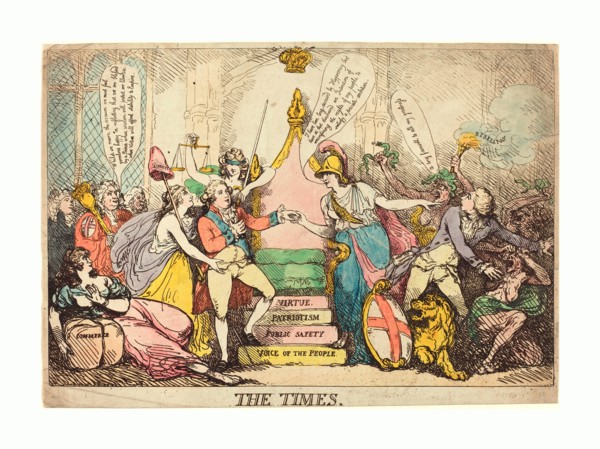 Thomas Rowlandson (British, 1756  1827 ), The Times, probably 1783, hand colored etching