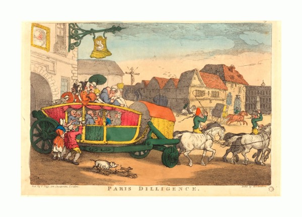 Thomas Rowlandson (British, 1756  1827 ), Paris Diligence, probably 1810, hand colored etching
