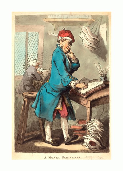 Thomas Rowlandson (British, 1756 - 1827 ), A Money Scrivener, 1801, hand-colored etching, Rosenwald