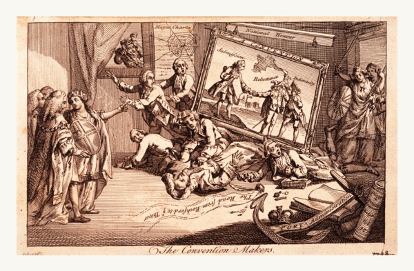 The convention makers, England 1771, The interior of a room; a picture called A Convention,