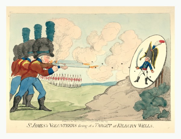 St. James's volunteers firing at a target at Kilburn Wells, engraving 1803, British soldiers