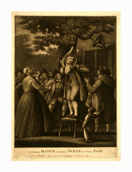 The grinning match, a humourous scene at a country fair, engraving 1775, mezzotint., A man stands