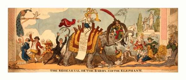 The rehearsal or the baron and the elephant, Cruikshank, George, 1792-1878, engraving 1812, A
