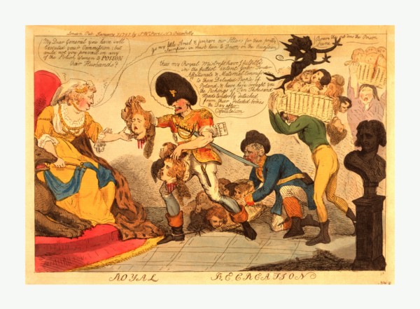 Royal recreation, Cruikshank, Isaac, 1756-1811, engraving 1795, Catherine II seated on a throne