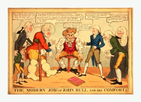 The modern Job! or John Bull and his comforts!, engraving 1816, John Bull, in tattered clothes,