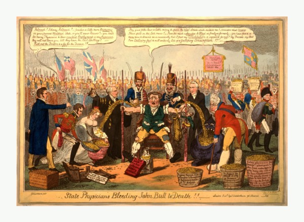 State physicians bleeding John Bull to death!!, Cruikshank, George, 1792-1878, artist, engraving