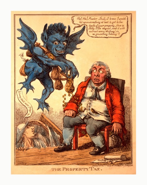 The property tax, Williams, C., artist, engraving 1814, Cartoon shows a prosperous John Bull seated