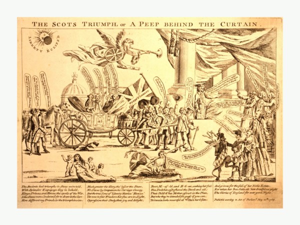 The Scots triumph, or a peep behind the curtain, 1768, the entrance to a large building furnished