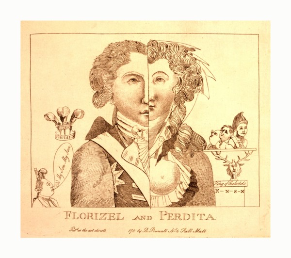 Florizel and Perdita, en sanguine engraving 1780s, a bust portrait divided vertically by a line