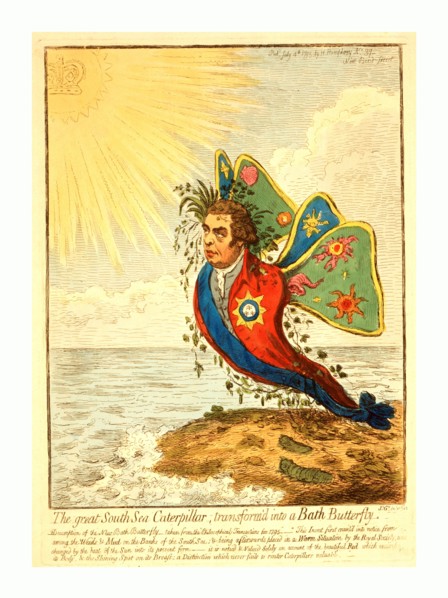 The great South Sea caterpillar, transform'd into a Bath butterfly, Gillray, James, 1756-1815,