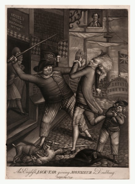 An English jack-tar giving monsieur a drubbing, London : Robert Sayer, en sanguine engraving 1779,