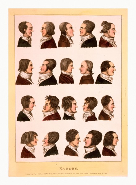 Engraving 1811, profile portraits of 20 men, called nabobs, who are representatives of the East