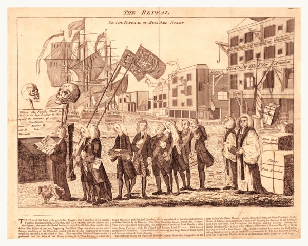 The repeal, or the funeral of Miss Ame=Stamp, en sanguine engraving shows a popular satire
