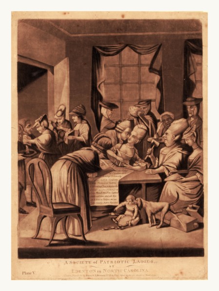 A society of patriotic ladies, at Edenton in North Carolina, en sanguine engraving shows satire of