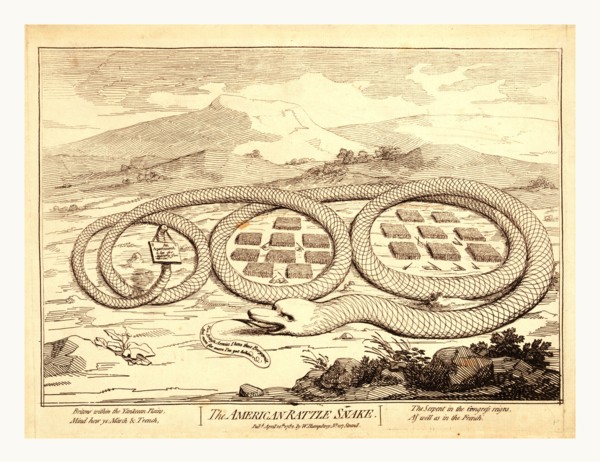 The American rattle snake, en sanguine engraving shows American snake, the emblem used by Americans