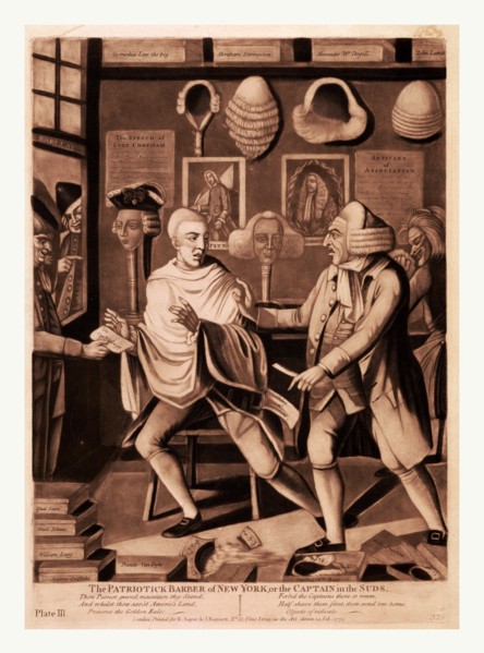 The patriotick barber of New York, or the Captain in the suds, en sanguine engraving, a New York