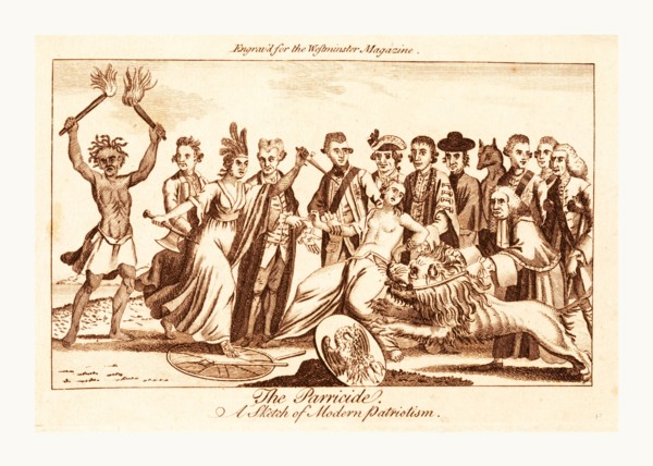 The parricide A sketch of modern patriotism, en sanguine engraving, a woman wearing a feathered
