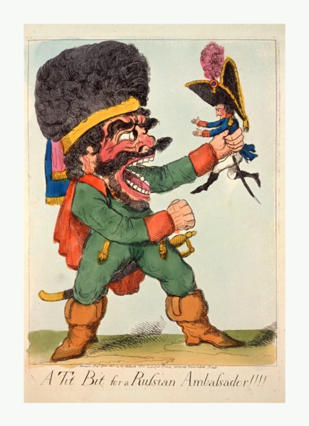 A tit bit for a Russian ambassador, engraving 1803, a Russian holding up small figure of Napoleon,