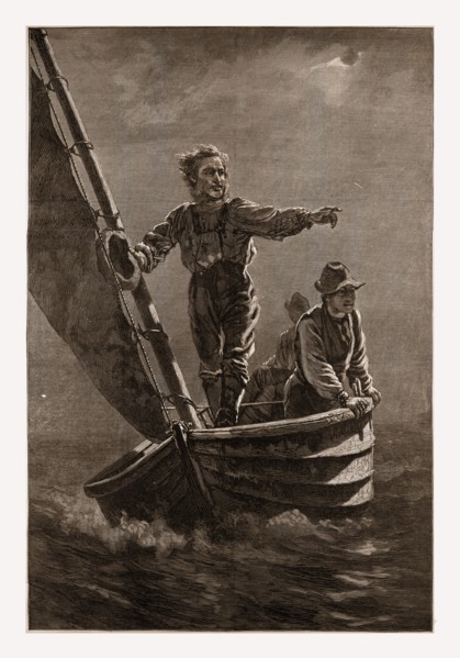 SIGHTING THE TRAWL BUOY.â€îDRAWN BY J. G. BROWN, 1880, 19th century engraving, USA, America
