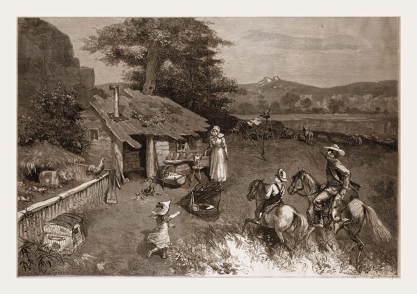 THE SETTLER'S FIRST HOME IN THE FAR WEST, DRAWN BY W. A. ROGERS, 1880, 19th century engraving, USA,