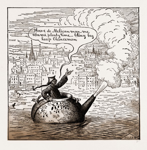 OH ! LAW THEY ARE COMING OVER IN THEIR OWN TEA-POTS NOW, 1880, USA, America, 19th century engraving