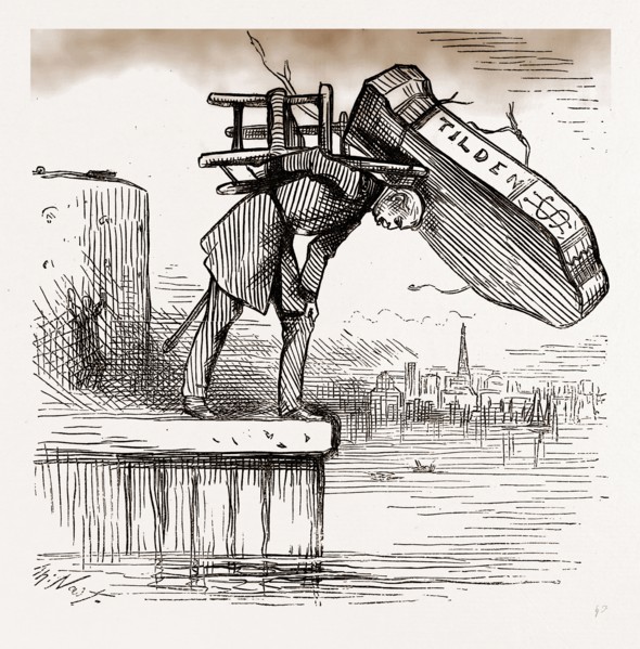 GENERAL HANCOCK MUST DO THIS TO PLEASE BOSS KELLY, 1880, USA, America, 19th century engraving