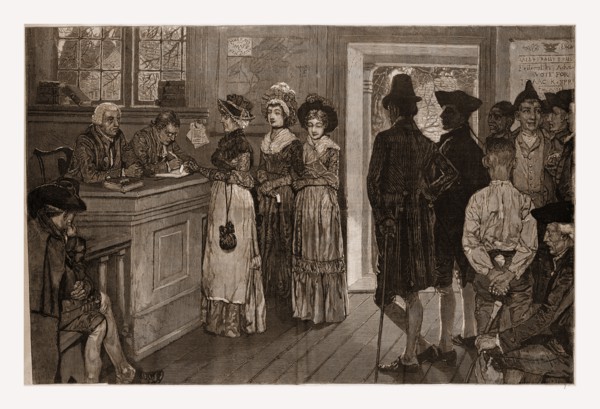WOMEN AT THE POLLS IN NEW JERSEY IN THE GOOD OLD TIMES--DRAWN BY HOWARD PYLE., 1880, 19th century