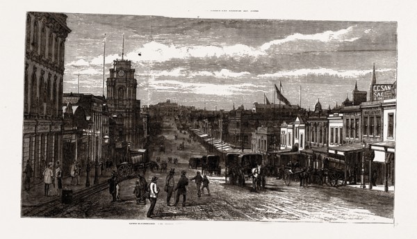 MELBOURNE 1880, VIEW IN GREAT BOURKE STREET", 1880, 19th century engraving, Australia