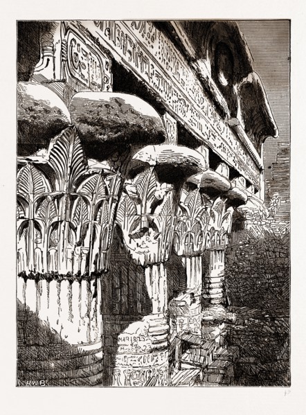 CAPITALS AND ARCHITRAVE OF THE TEMPLE AT ESNEH, 1880, 19th century engraving, Egypt