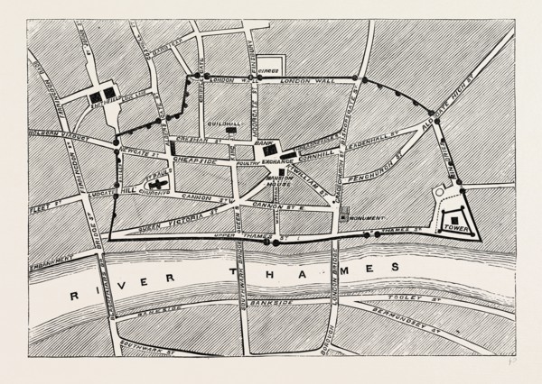 PART OF MODERN LONDON, MAP, SHOWING THE ANCIENT WALL,  UK, 19th century engraving