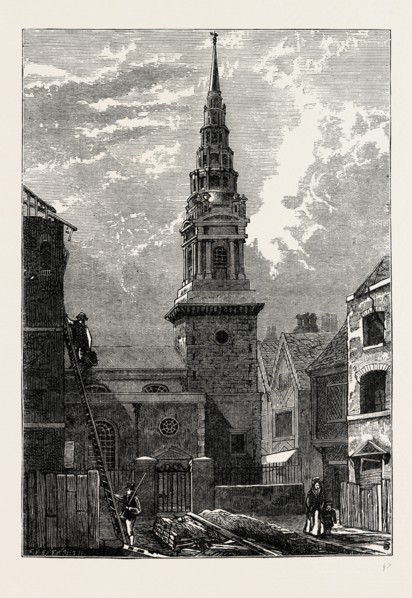 ST. BRIDE'S CHURCH, FLEET STREET, AFTER THE FIRE, 1824. London, UK, 19th century engraving