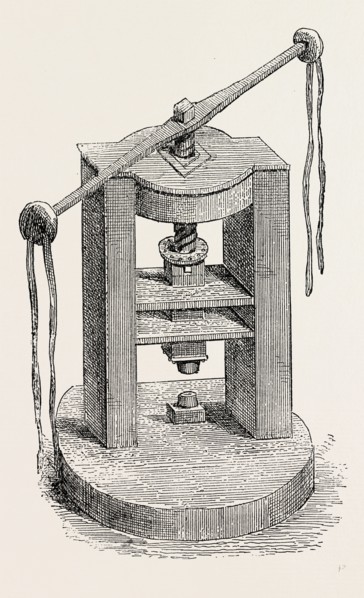 PRESS AND DIES FORMERLY USED IN THE MINT, London, UK, 19th century engraving