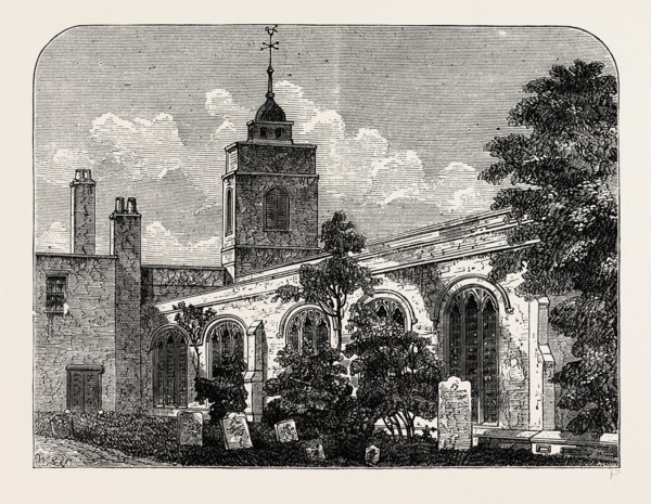 THE CHURCH OF ALLHALLOWS, BARKING, IN 1750. London, UK, 19th century engraving