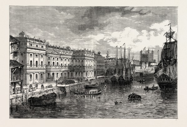 THE OLD CUSTOM HOUSE in 1753. London, UK, 19th century engraving. 18th century view by Maurer
