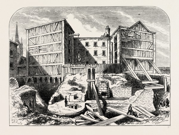ROMAN REMAINS FOUND IN BILLINGSGATE. London, UK, 19th century engraving