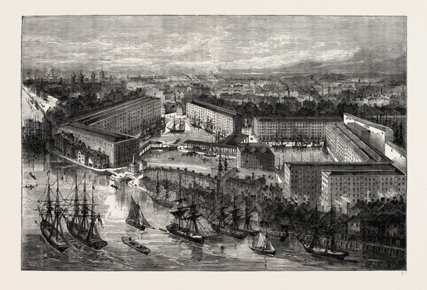 ST. KATHERINE'S DOCKS. London, UK, 19th century engraving
