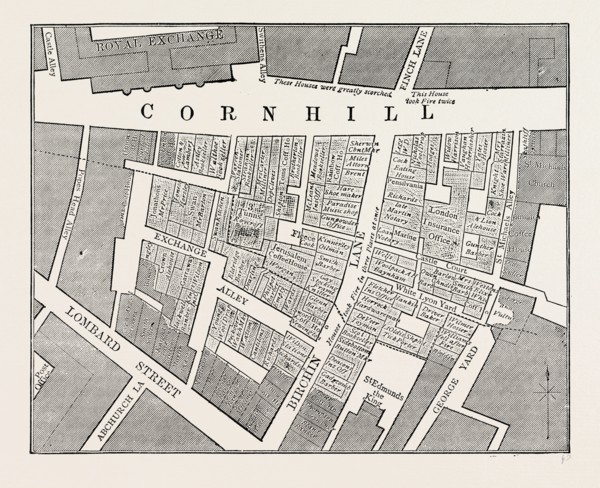 Map showing the extent of the Great Fire in Cornhill in 1748, London, UK, 19th century engraving