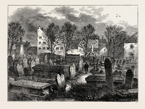 BUNHILL FIELDS BURIAL-GROUND. London, UK, 19th century engraving