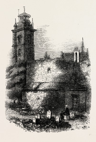 ST. GILES'S, CRIPPLEGATE, SHOWING THE OLD WALL. London, UK, 19th century engraving